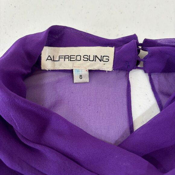 VTG Alfred Sung Purple Silk Chiffon Sheer Mock Neck Blouse 6 Floral Whimsigoth - Picture 9 of 14